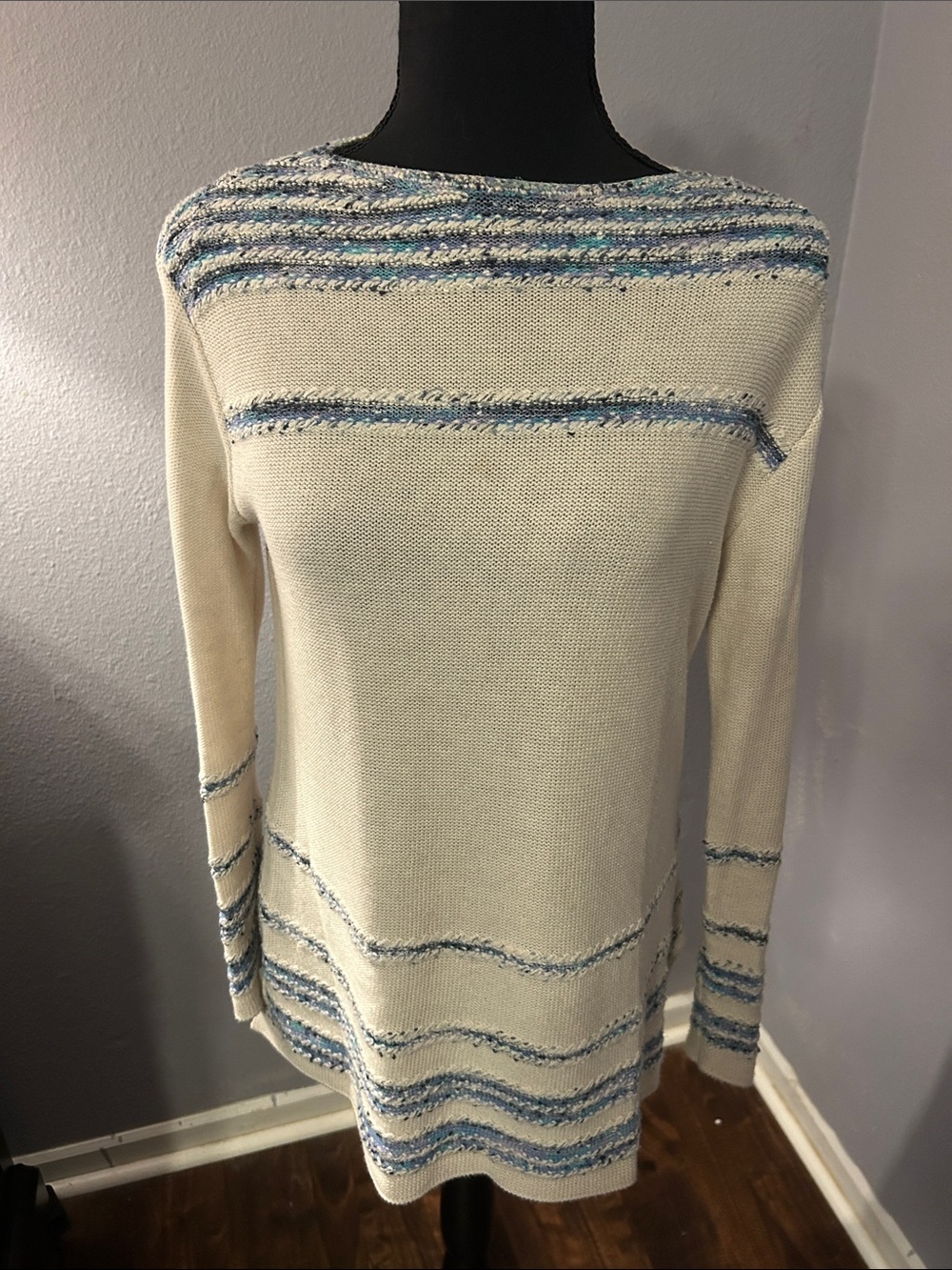 J. Jill Women Cream Knit Sweater Blue Stripe Accent Size Extra Small